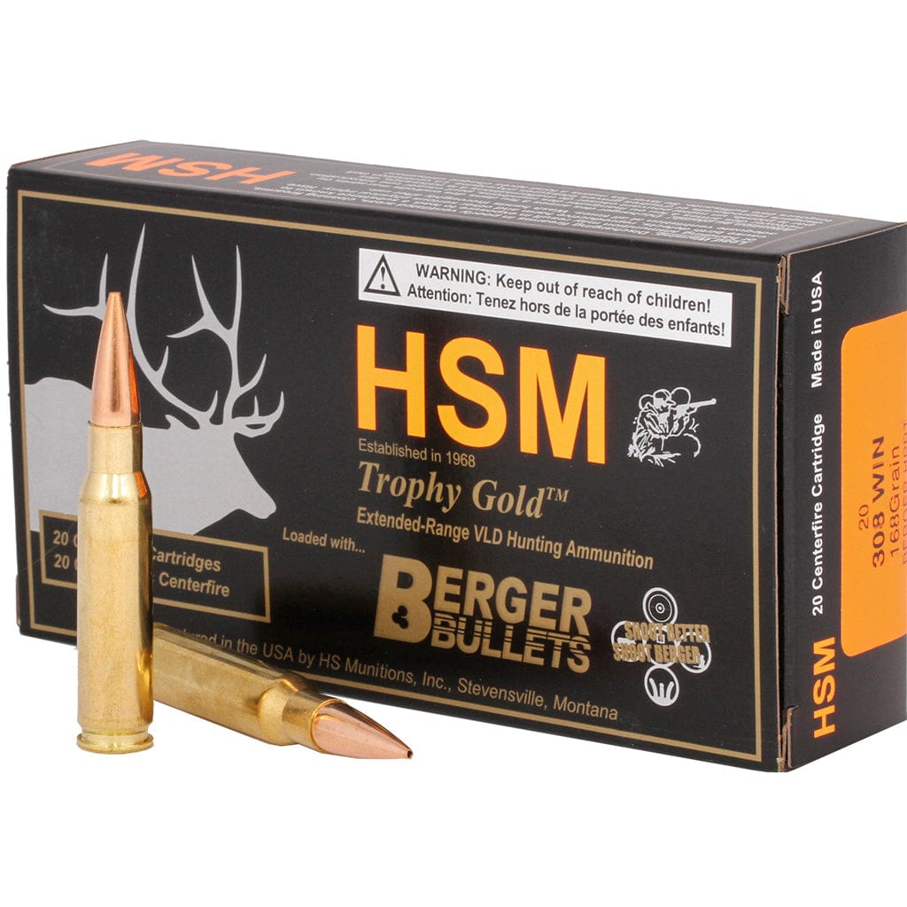 HSM Hsm Trophy Gold Rifle Ammunition 308 Win. Berger 168 Gr. 20 Rd. Ammo