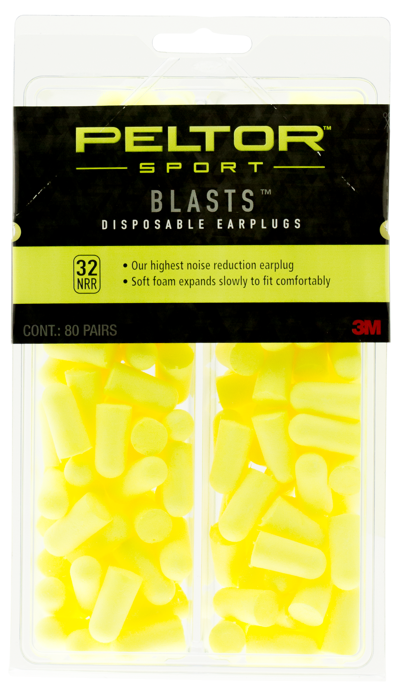 Peltor Sports Blast Disposable - Earplugs Neon Yellow 80 Pairs