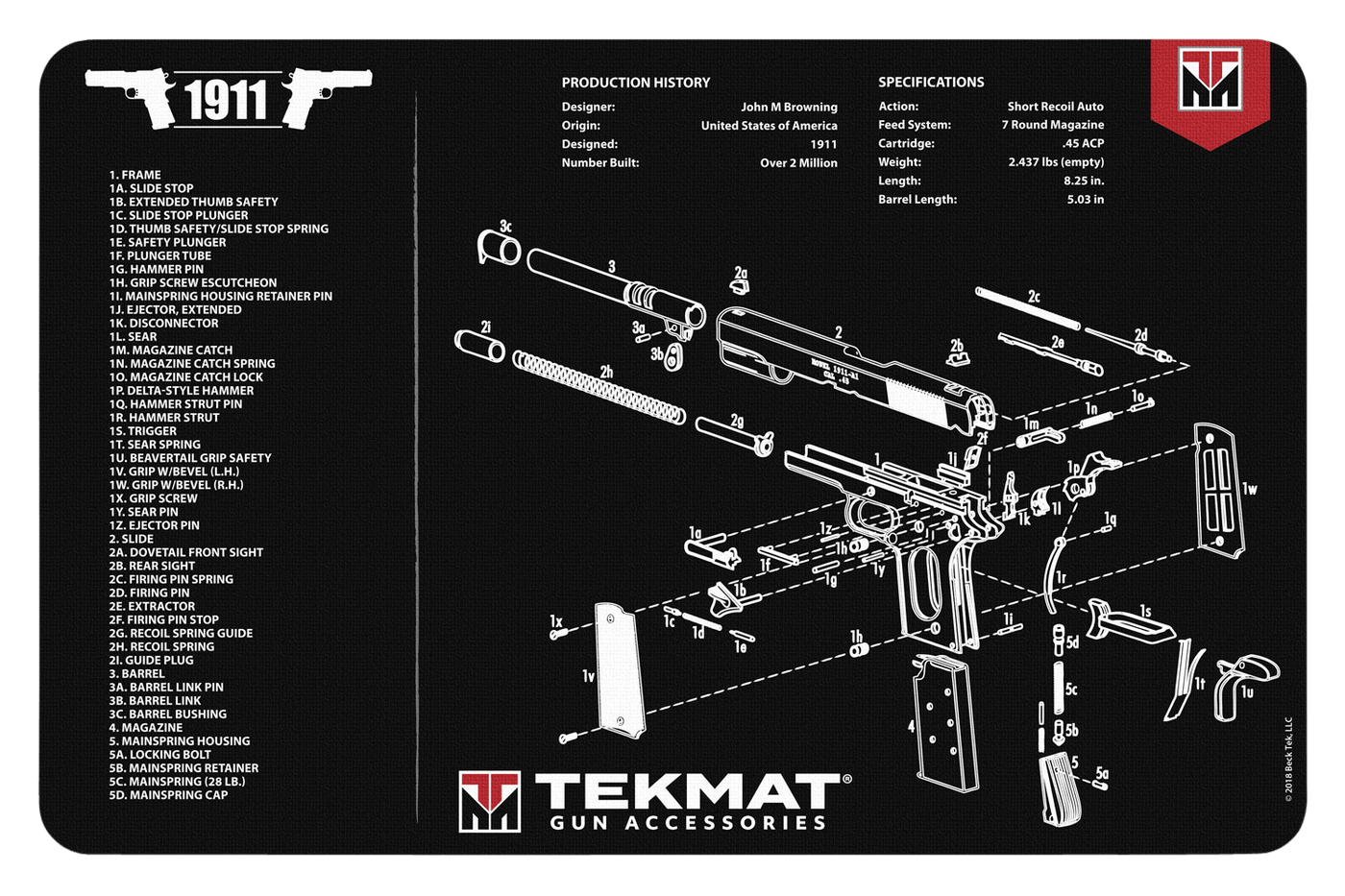 BECK TEK, LLC (TEKMAT) Tekmat Armorers Bench Mat - 11"x17" 1911 Pistol Gun Care