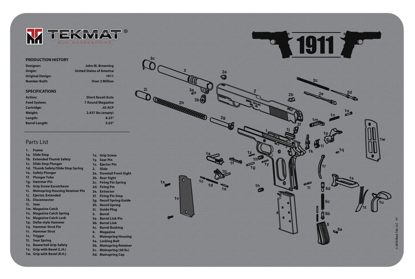 BECK TEK, LLC (TEKMAT) Tekmat Armorers Bench Mat - 11"x17" 1911 Pistol Grey Gun Care