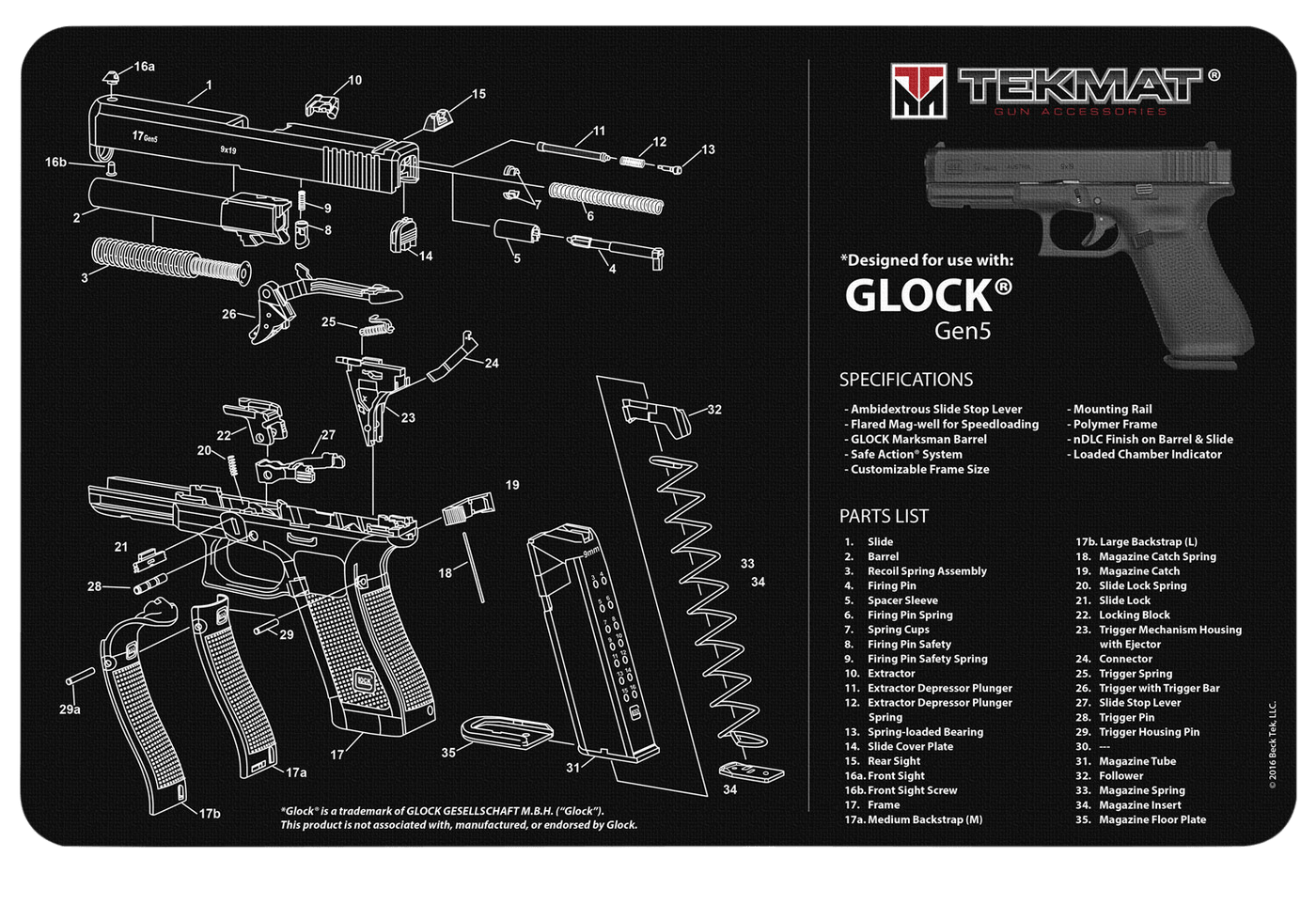 BECK TEK, LLC (TEKMAT) Tekmat Armorers Bench Mat - 11"x17" For Glock G5 Black Gun Care