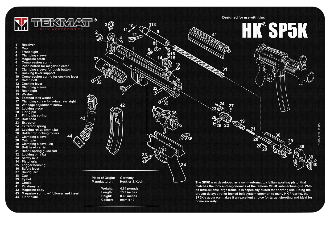 BECK TEK, LLC (TEKMAT) Tekmat Armorers Bench Mat - 11"x17" Heckler & Koch Sp5k Gun Care
