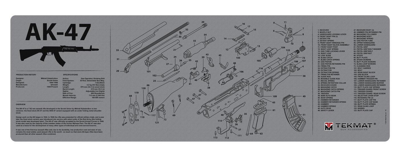 BECK TEK, LLC (TEKMAT) Tekmat Armorers Bench Mat - 12"x36" Ak-47 Grey Gun Care