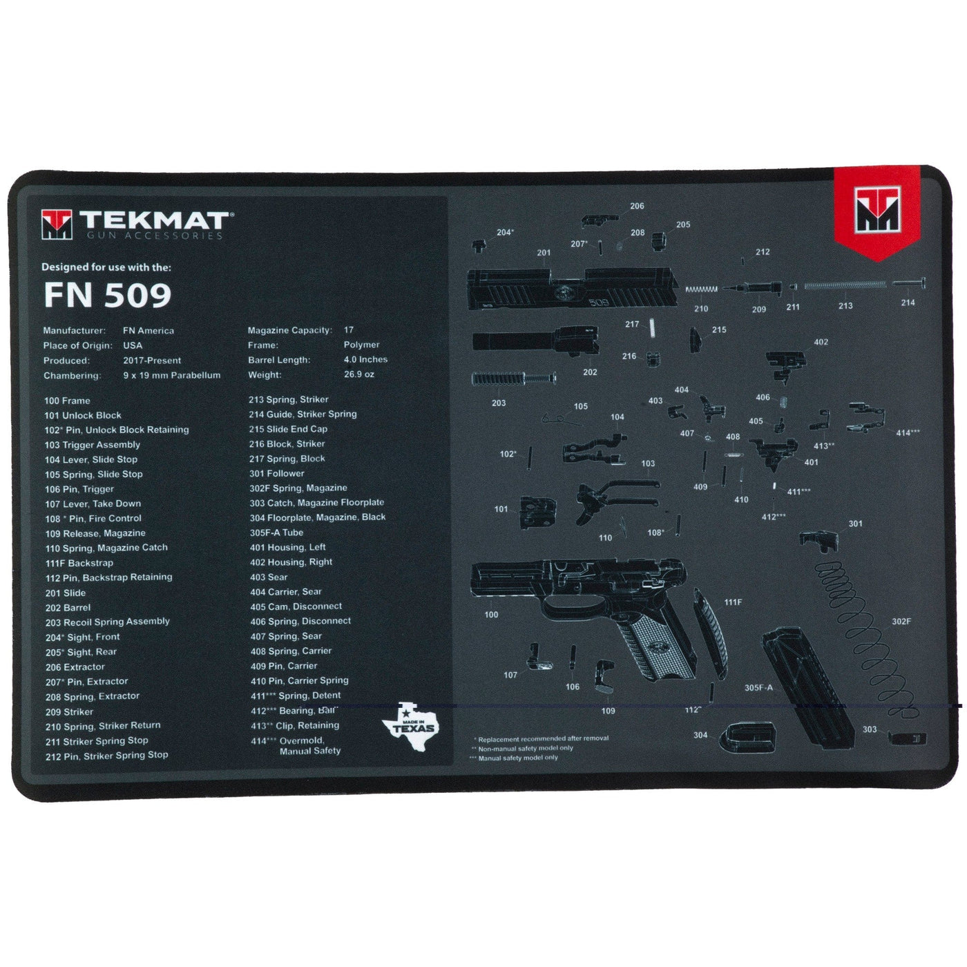 BECK TEK, LLC (TEKMAT) Tekmat Pstl Mat For Fn 509 Blk Gun Care