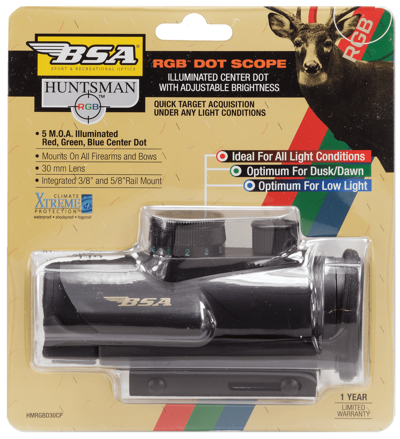 BSA Bsa Huntsman 1x30mm Sight - Red/grn/blue Dot Reticle Optics