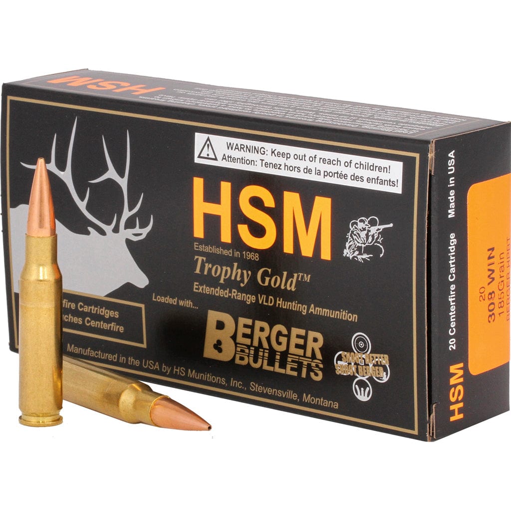HSM Hsm Trophy Gold Rifle Ammunition 308 Win. Berger 185 Gr. 20 Rd. Ammo