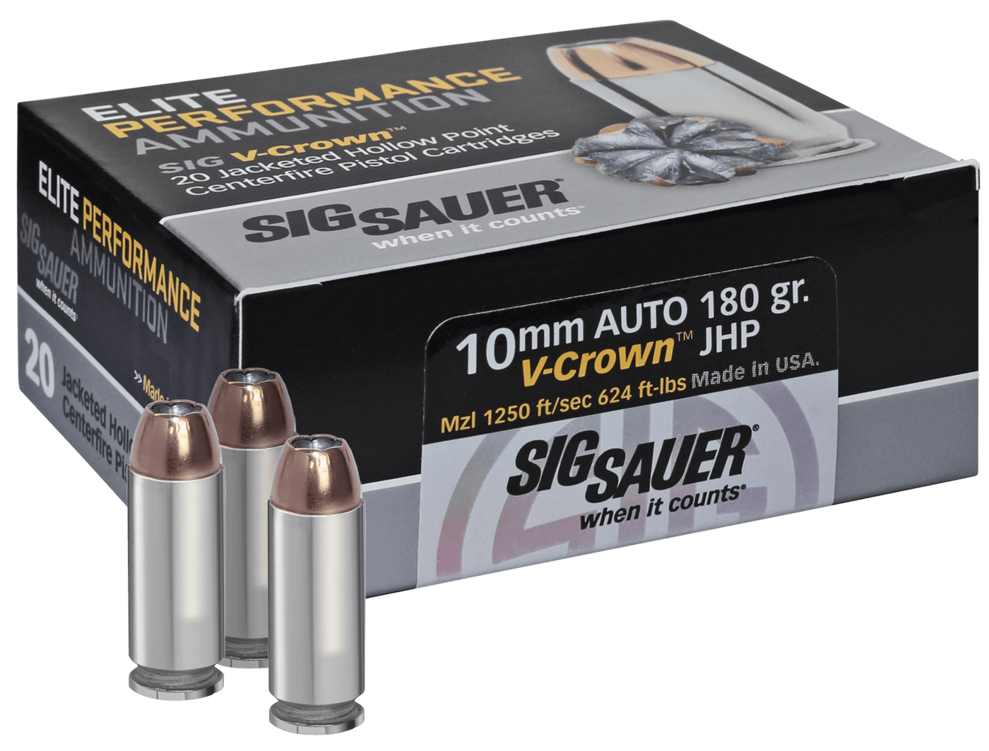 Sig Sauer Sig 10mm Auto 180gr Jhp - 20rd 10bx/cs Elite V-crown Ammo