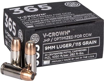 Sig Sauer Sig 365 9mm Luger 115gr - 20rd 10bx/cs Elite V-crown Jhp Ammo