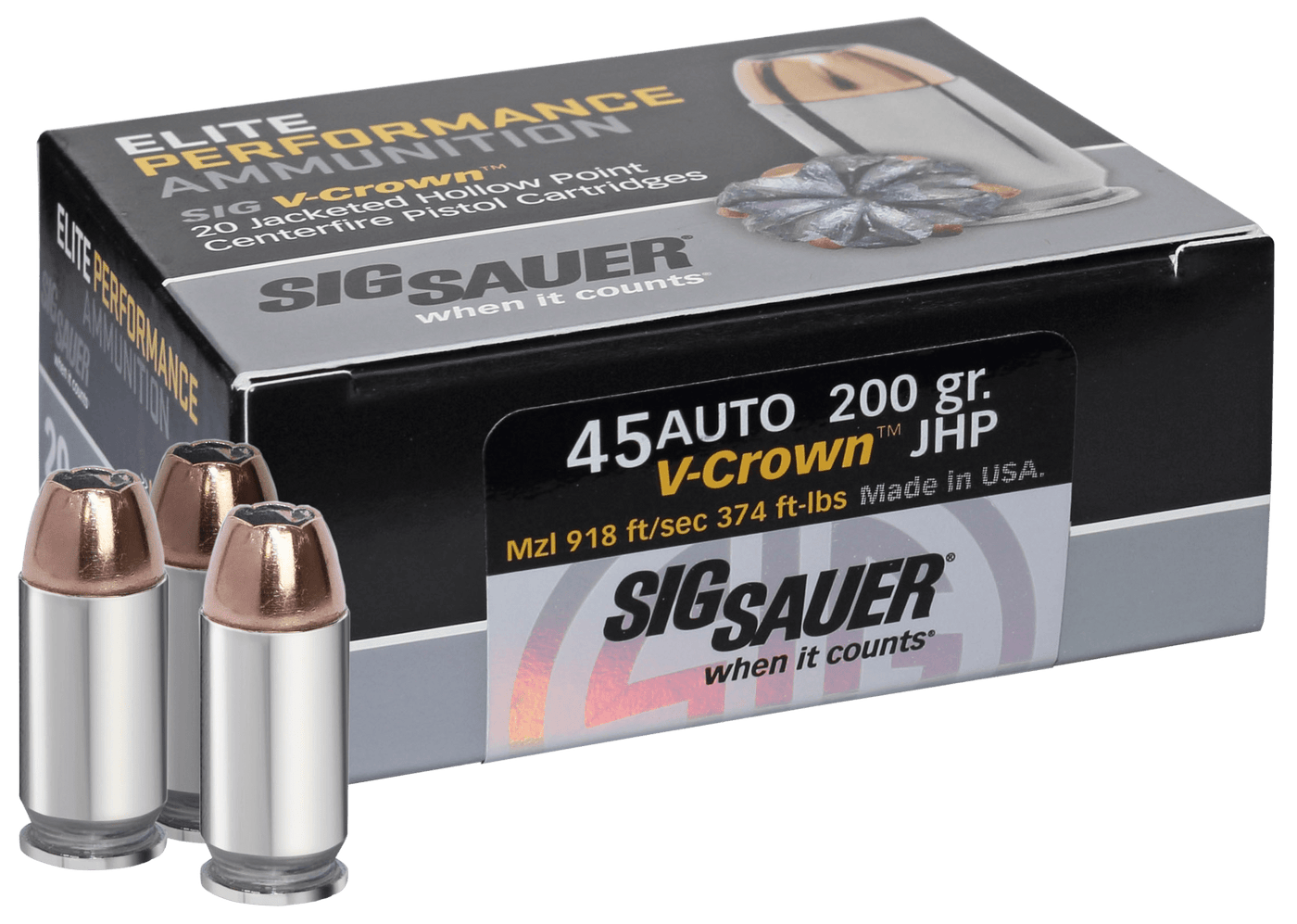 Sig Sauer Sig 45acp 230gr Elite V-crown - 20rd 10bx/cs Jhp Ammo
