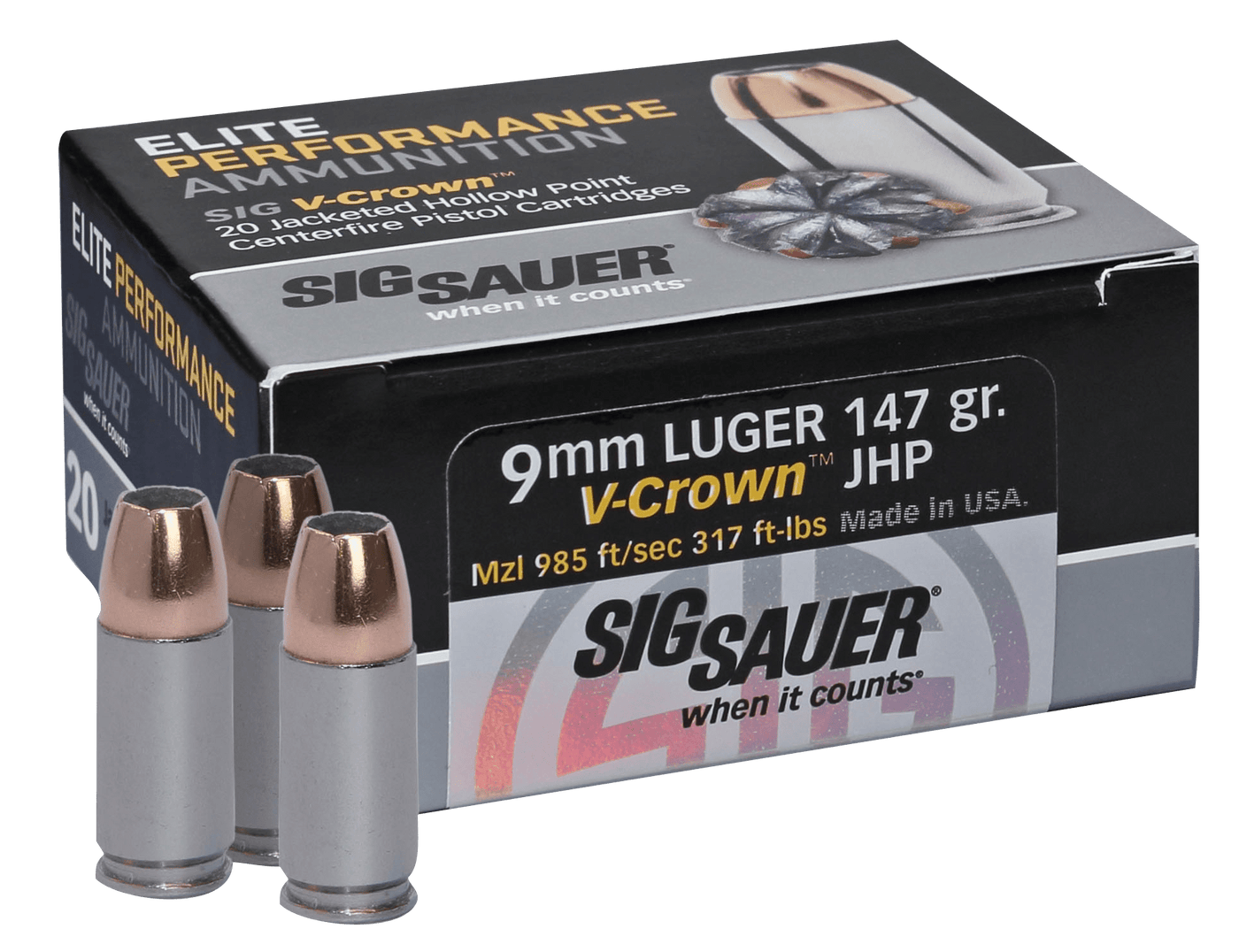 Sig Sauer Sig 9mm Luger 147gr Elite - 20rd 10bx/cs V-crown Jhp Ammo