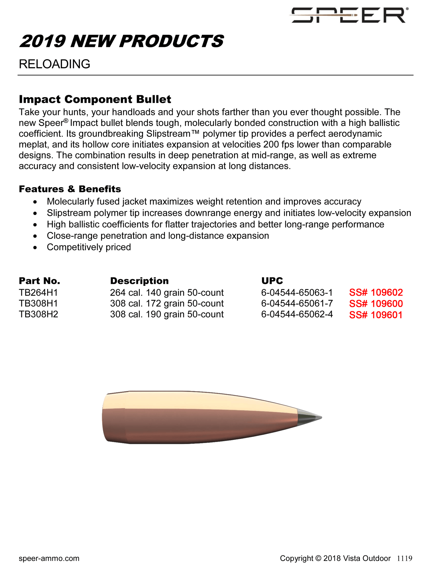Speer Ammo Speer Ammo Impact, Speer Tb264h1   Bull .264 140 Tipped Plated Cb  50 Reloading