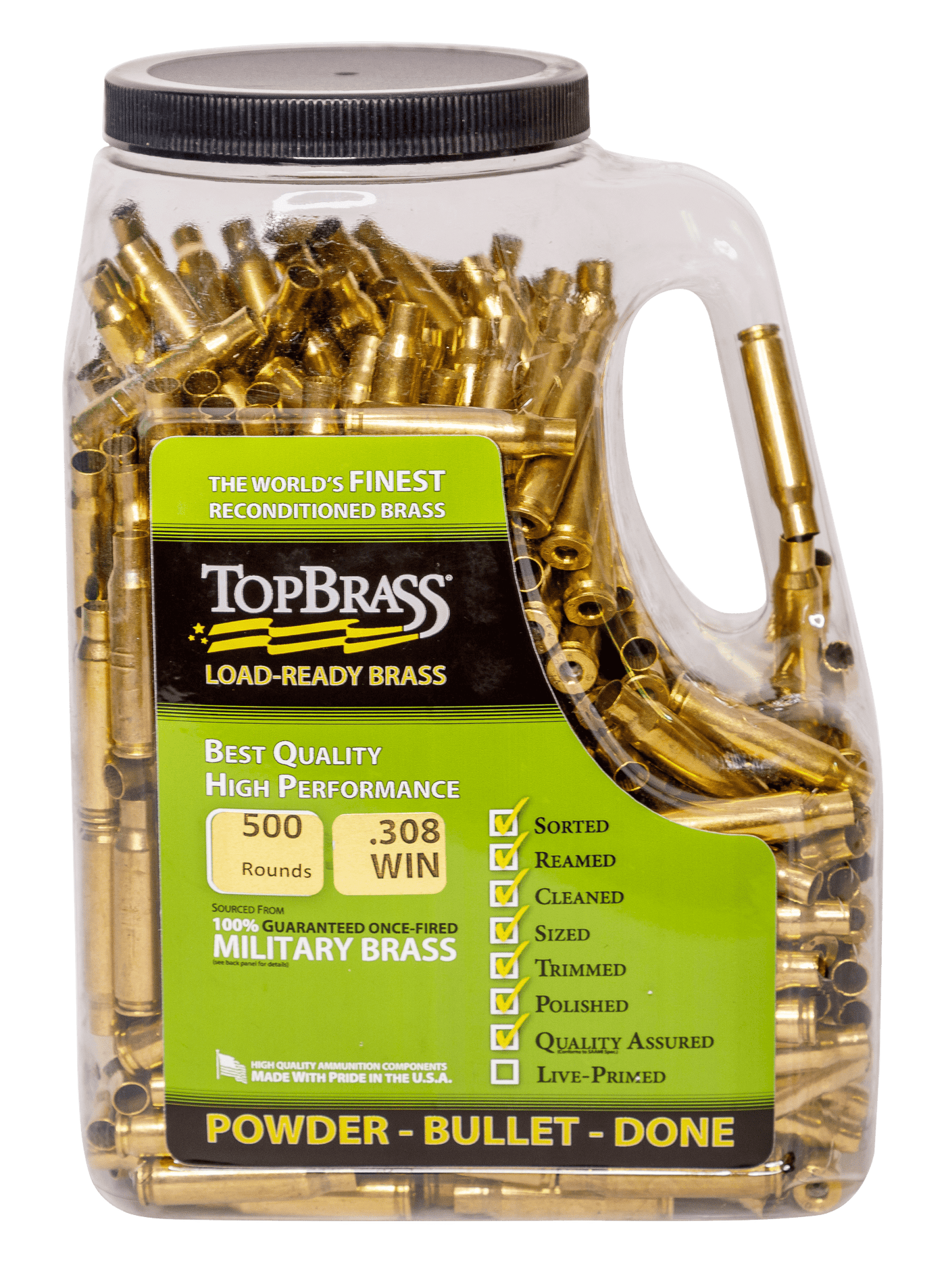 TOP BRASS LLC Top Brass Once Fired Unprimed - Brass .308 Win 500ct Jug Reloading