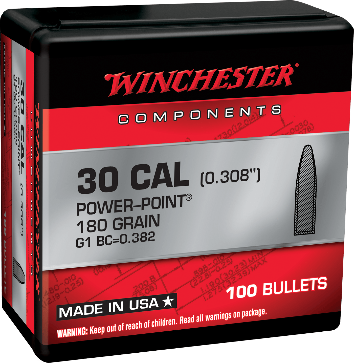 Winchester Ammo Winchester Ammo Centerfire Rifle, Win Wb308p180x Bul 308   180 Pp          100/10 Reloading