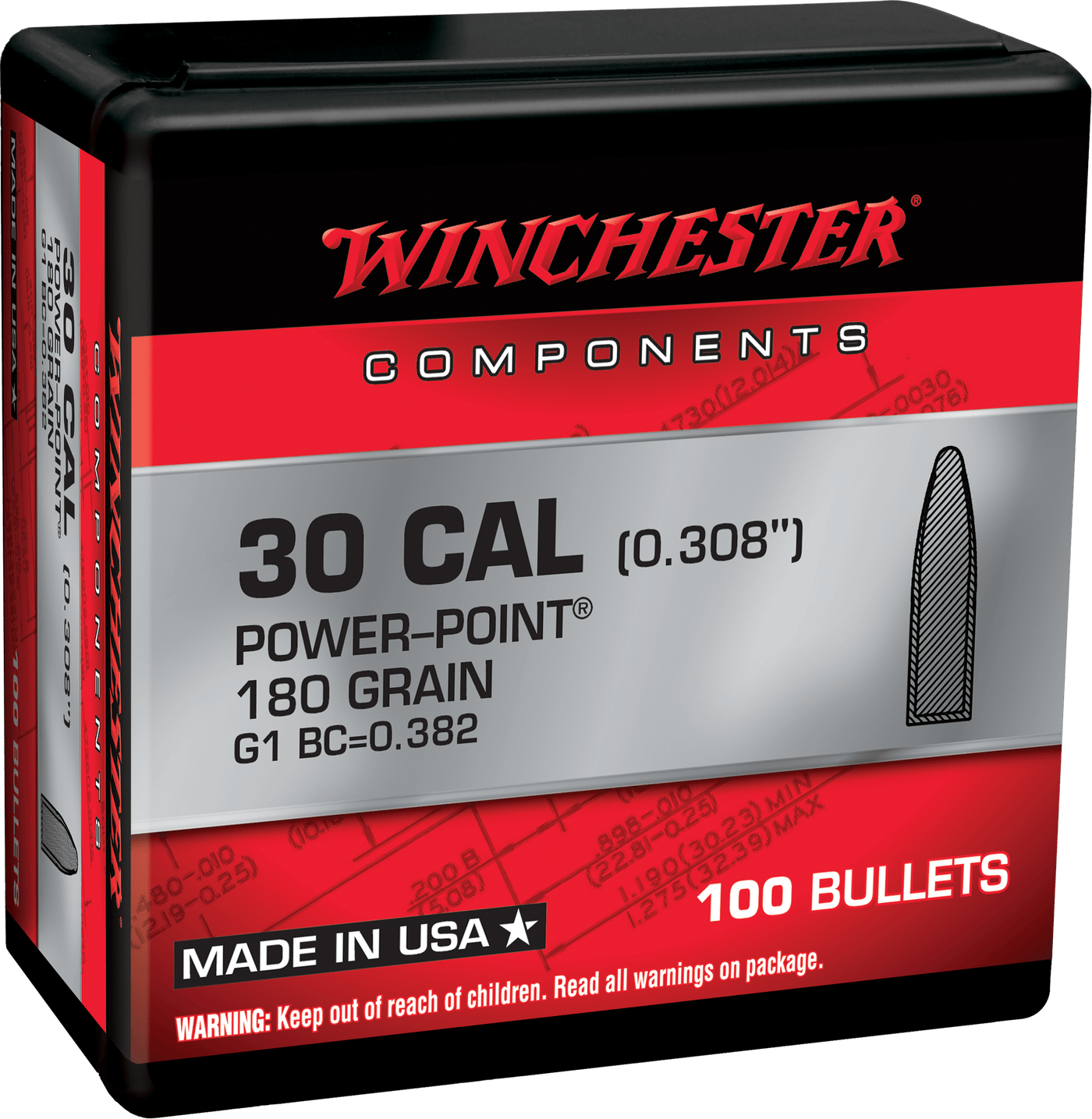 Winchester Ammo Winchester Ammo Centerfire Rifle, Win Wb308p180x Bul 308   180 Pp          100/10 Reloading