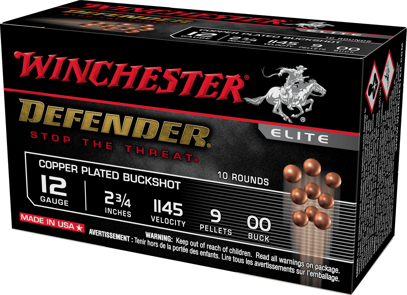 Winchester Ammo Winchester Defender Load 12 Ga. 2.75 In. 9 Pellet 00 Buck 10 Rd. Ammo