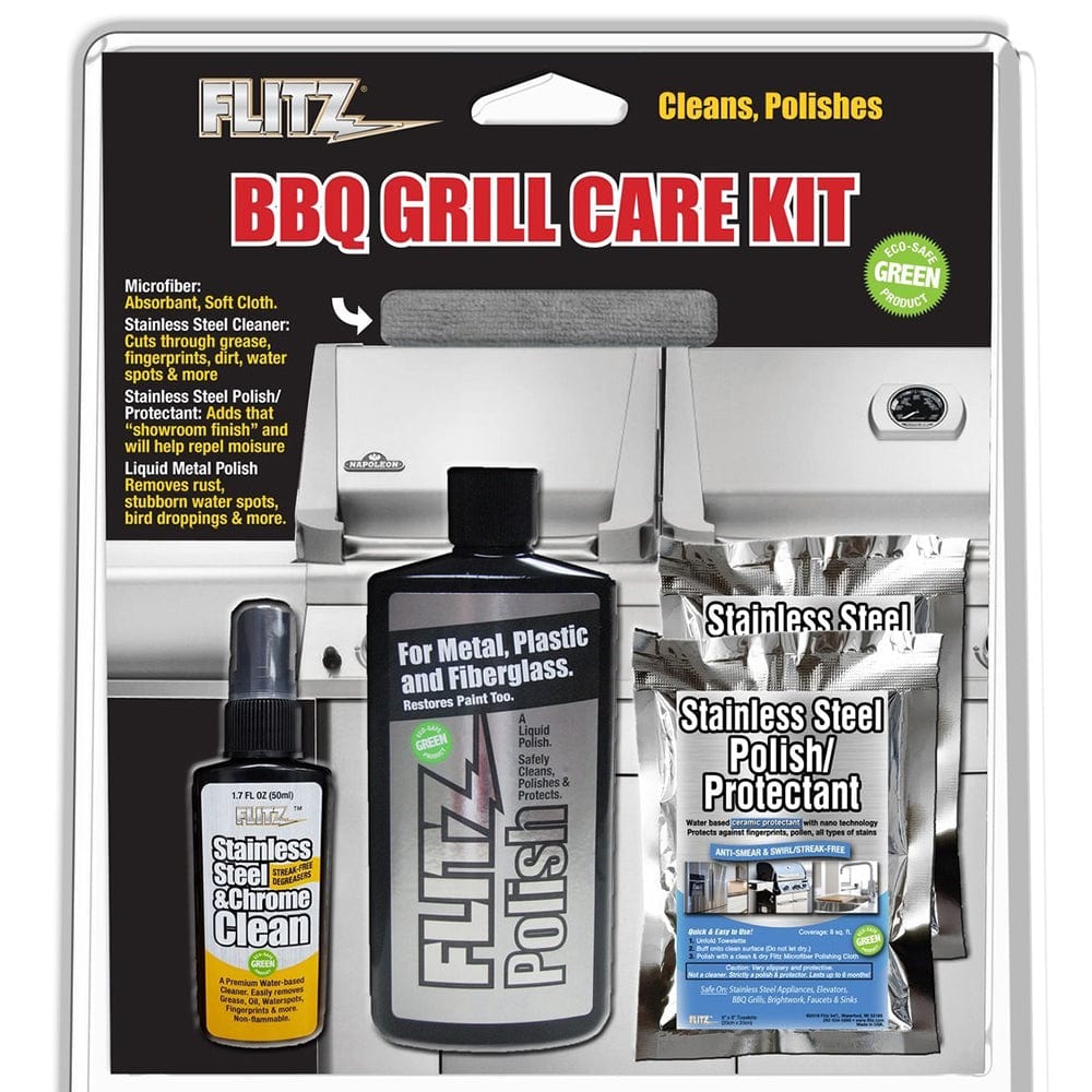 Flitz Flitz BBQ Grill Care Kit w/Liquid Metal Polish, Stainless Steel Cleaner, Stainless Steel Polish/Protectant Towelettes & Microfiber Cloth Boat Outfitting