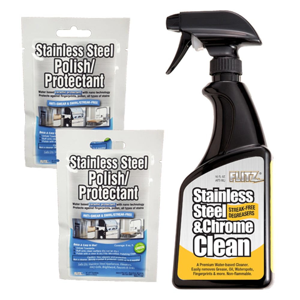 Flitz Flitz Stainless Steel & Chrome Cleaner w/Degreaser 16oz Spray Bottle w/2 Stainless Steel Polish/Protectant Towelette Packets Boat Outfitting