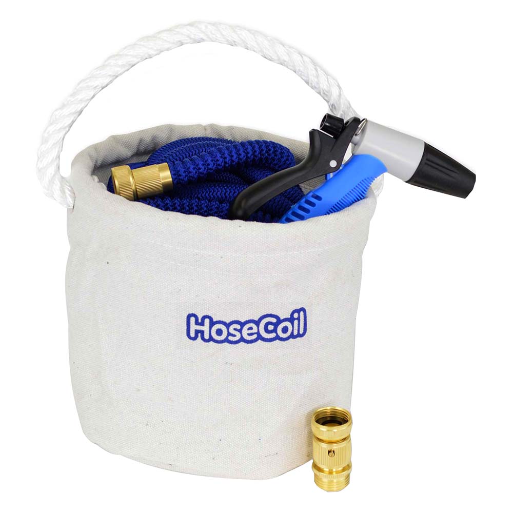 HoseCoil HoseCoil Canvas Bucket w/75' Expandable Hose, Rubber Tip Nozzle & Quick Release Boat Outfitting