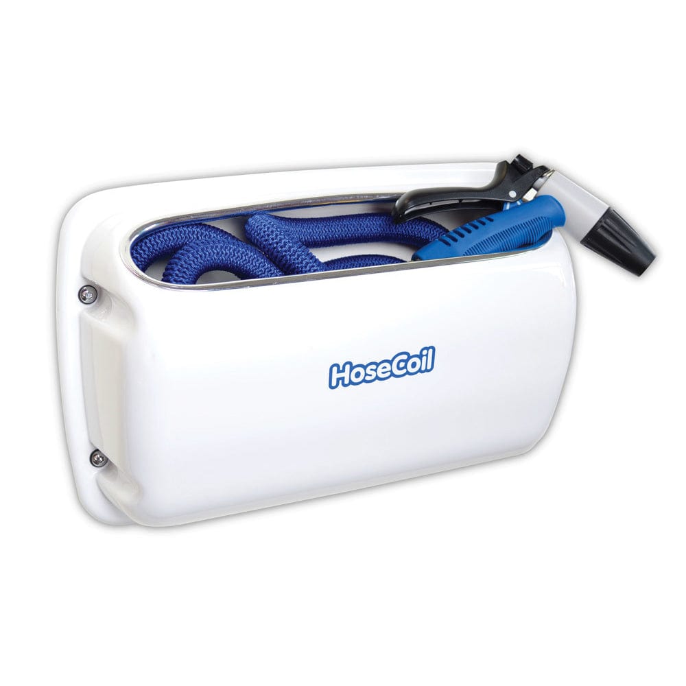 HoseCoil HoseCoil Side Mount Expandable White Enclosure w/50' Blue Hose, Shutoff Valve & Rubber Tip Nozzle Boat Outfitting