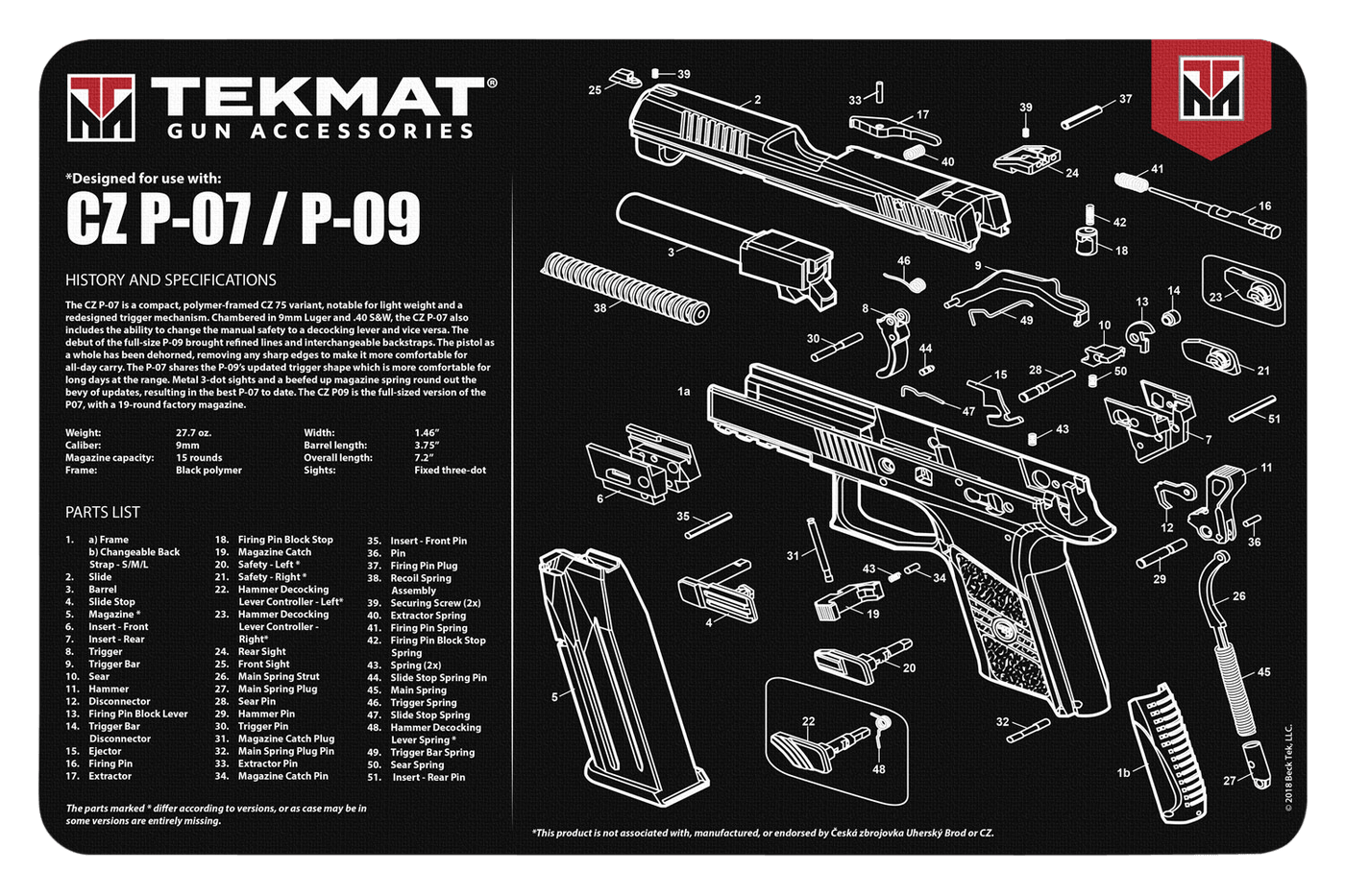 TekMat Tekmat Armorers Bench Mat - 11"x17" Cz P-07/09 Pistol Cleaning And Gun Care