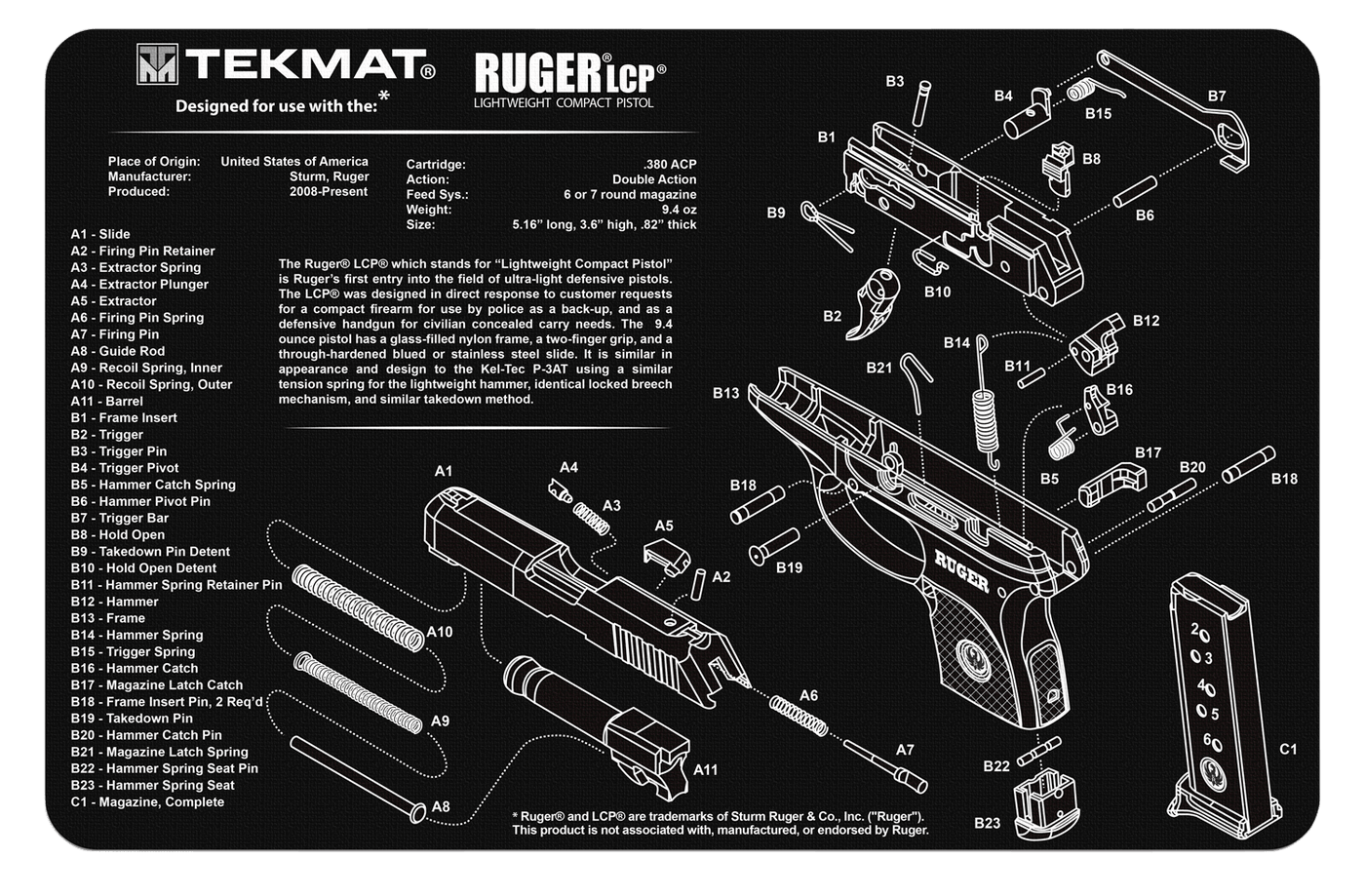TekMat Tekmat Armorers Bench Mat - 11"x17" Ruger Lcp Pistol Cleaning And Gun Care