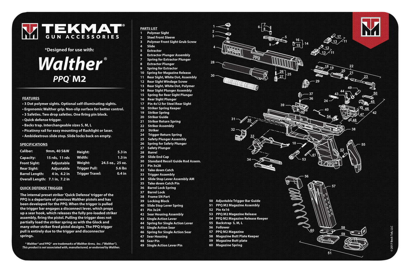 TekMat Tekmat Armorers Bench Mat - 11"x17" Walther Ppqm2 Pistol Cleaning And Gun Care