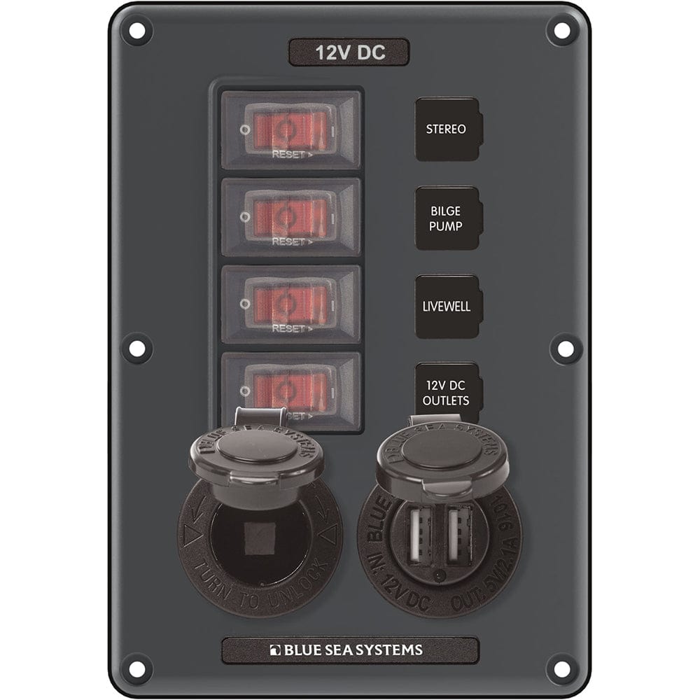 Blue Sea Systems Blue Sea 4321 Circuit Breaker Switch Panel 4 Position - Gray w/12V Socket & Dual USB Electrical