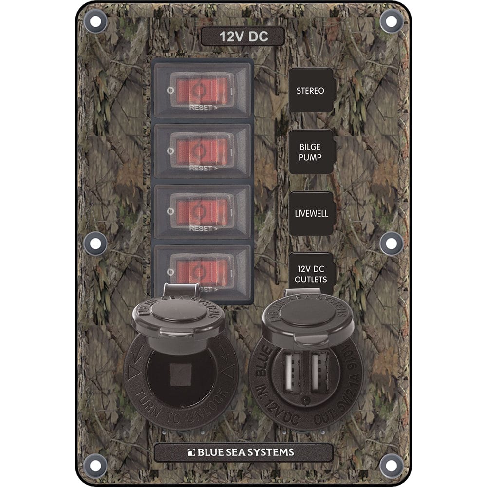 Blue Sea Systems Blue Sea 4324 Circuit Breaker Switch Panel 4 Postion - Camo w/12V Socket & Dual USB Electrical