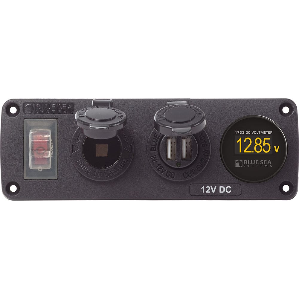 Blue Sea Systems Blue Sea 4366 Water Resistant USB Accessory Panel - Circuit Breaker, 12V Socket, Dual USB Charger, Mini Voltmeter Electrical