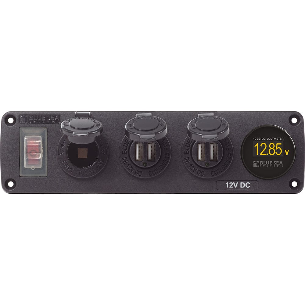 Blue Sea Systems Blue Sea 4368 Water Resistant USB Accessory Panel - 12V Socket, 2x 2.1A Dual USB Chargers, Mini Voltmeter Electrical