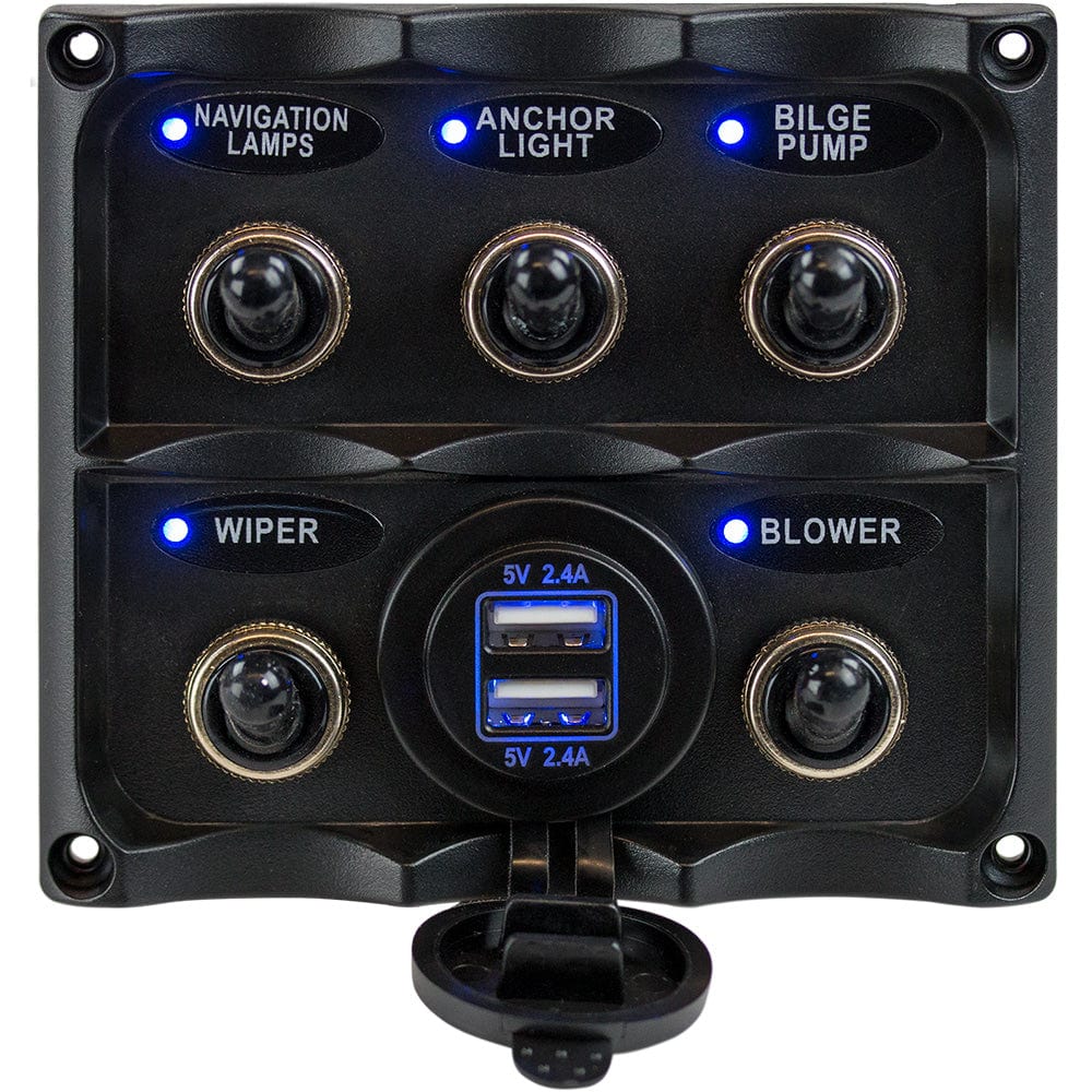 Sea-Dog Sea-Dog Water Resistant Toggle Switch Panel w/USB Power Socket - 5 Toggle Electrical