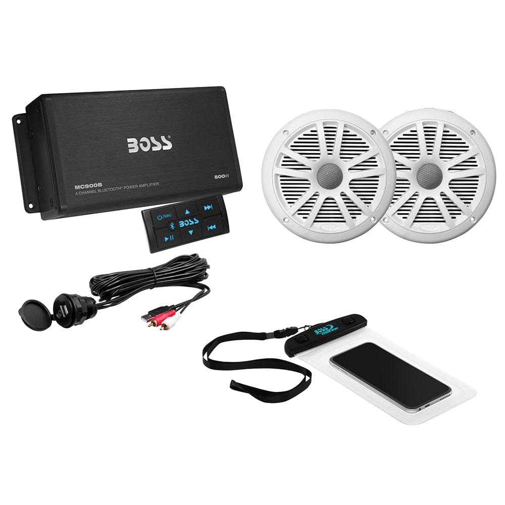 Boss Audio Boss Audio ASK902B.6 Package w/4-Channel Bluetooth Amplifier w/Remote, 2 MR6W 6.5" White Speakers, USB/AUX Input & Waterproof Case Entertainment