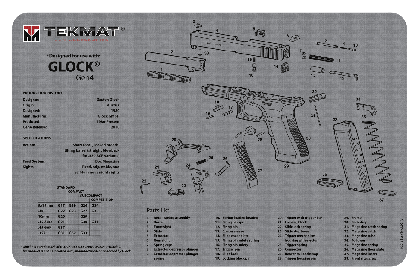 BECK TEK, LLC (TEKMAT) Beck Tek, Llc (tekmat) Ultra Premium Cleaning Mat, Tekmat Tek-r20-glock-g4-gy Ultra Gun Care