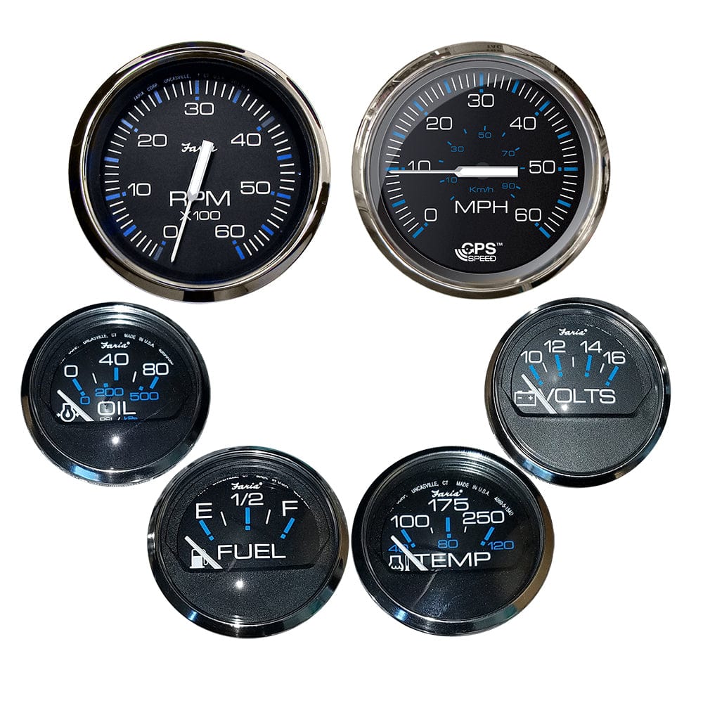Faria Beede Instruments Faria Chesapeake Black w/Stainless Steel Bezel Boxed Set of 6 - Speed, Tach, Fuel Level, Voltmeter, Water Temperature & Oil PSI - Inboard Motors Marine Navigation & Instruments