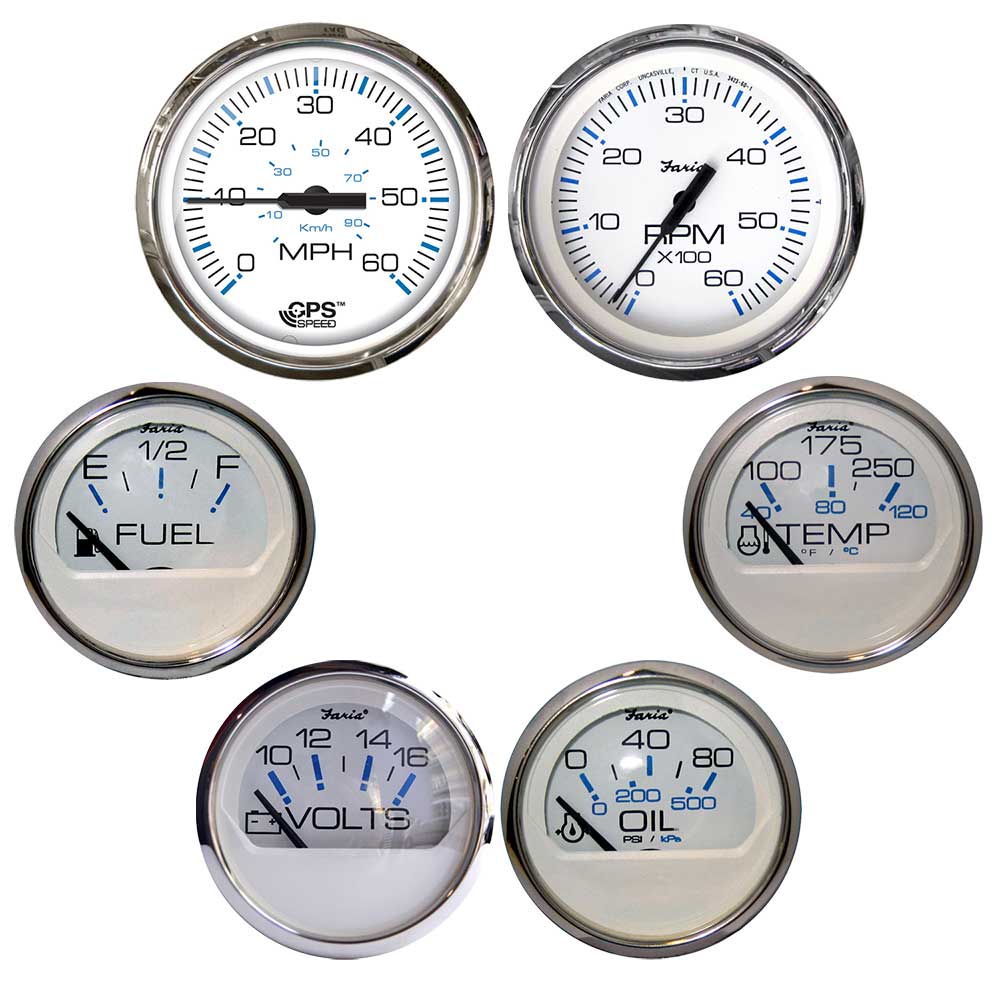 Faria Beede Instruments Faria Chesapeake White w/Stainless Steel Bezel Boxed Set of 6 - Speed, Tach, Fuel Level, Voltmeter, Water Temperature & Oil PSI - Inboard Motors Marine Navigation & Instruments