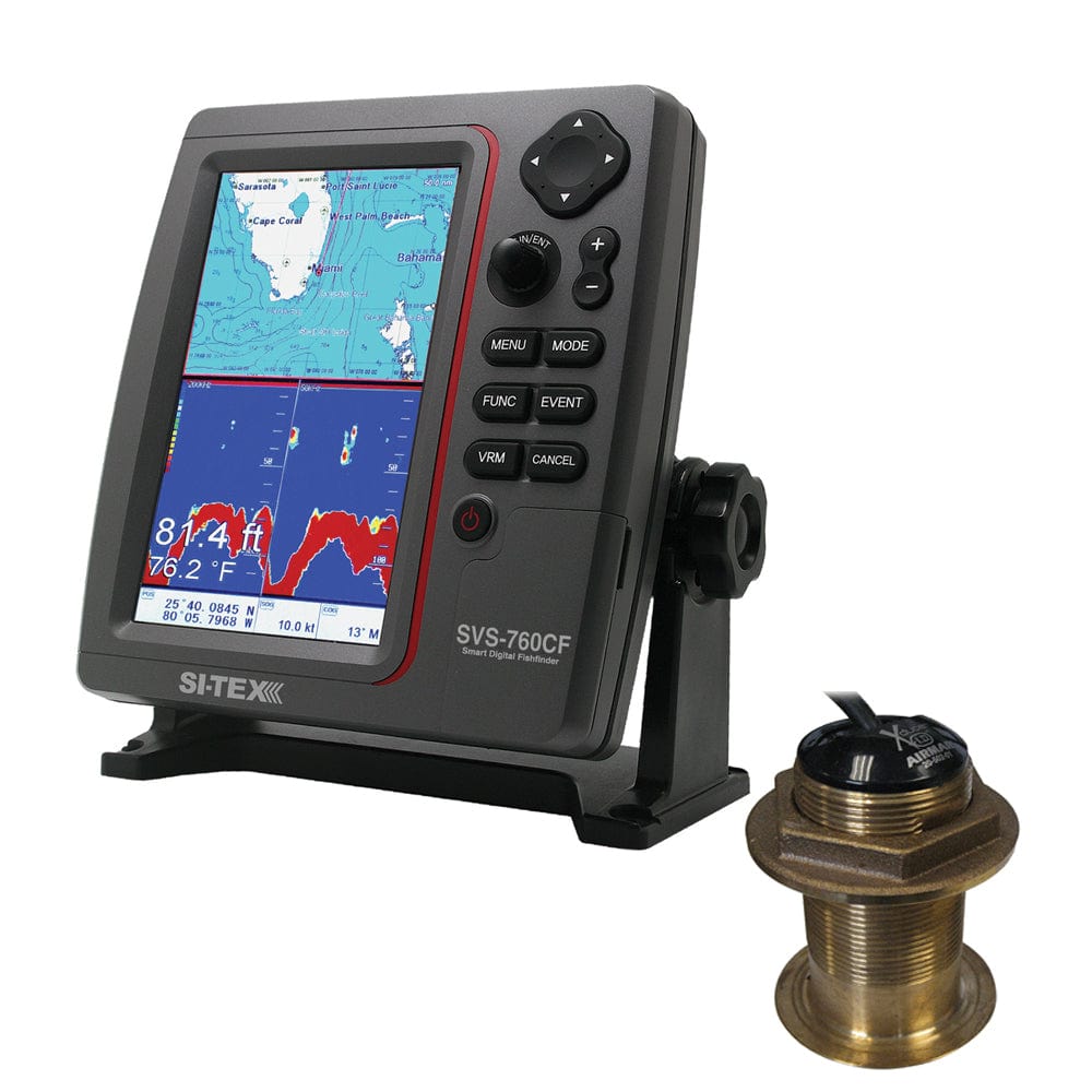 SI-TEX SI-TEX SVS-760CF Dual Frequency Chartplotter/Sounder w/ Navionics+ Flexible Coverage & Bronze 20 Degree Transducer Marine Navigation & Instruments