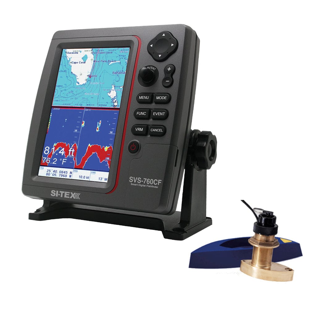 SI-TEX SI-TEX SVS-760CF Dual Frequency Chartplotter/Sounder w/ Navionics+ Flexible Coverage & Bronze Thru-Hull Triducer Marine Navigation & Instruments