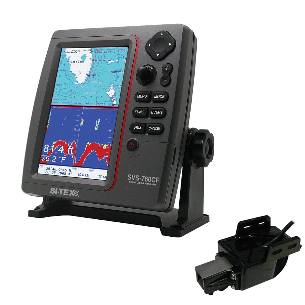 SI-TEX SI-TEX SVS-760CF Dual Frequency Chartplotter Sounder w/Navionics+ Flexible Coverage & Transom Mount Triducer Marine Navigation & Instruments