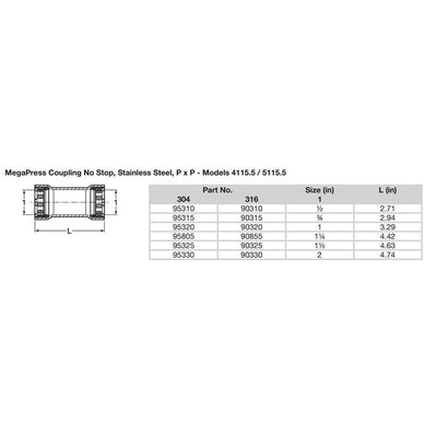 Viega Viega MegaPress 3/4" Stainless Steel 304 Coupling w/o Stop - Double Press Connection - Smart Connect Technology Marine Plumbing & Ventilation