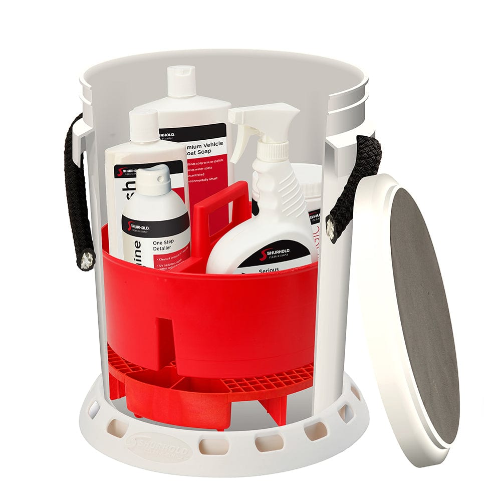 Shurhold Shurhold 5 Gallon White Bucket Kit - Includes Bucket, Caddy, Grate Seat, Buff Magic, Pro Polish Brite Wash, SMC & Serious Shine Winterizing